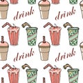 Seamless pattern, hand-drawn assorted cocktails with straws, milk with fruits and coffee. Design for the food industry.