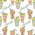 Seamless pattern, hand-drawn assorted cocktails with straws, milk with fruits and coffee. Design for the food industry. Royalty Free Stock Photo