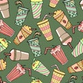 Seamless pattern, hand-drawn assorted cocktails with straws, milk with fruits and coffee. Design for the food industry. Royalty Free Stock Photo