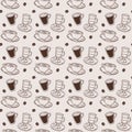 Seamless pattern with hand-drawn assorted coffee drinks on beige background. Vector outline style print. Royalty Free Stock Photo