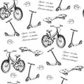 Seamless pattern of hand drawn baby bike, scooter, wave board an