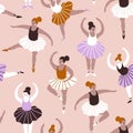 Seamless pattern with hand drawn  ballerinas. Cute dancing girls  on blue background. Vector fashion repeated background Royalty Free Stock Photo