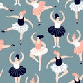 Seamless pattern with hand drawn  ballerinas. Cute dancing girls isolated on blue background. Vector fashion repeated background Royalty Free Stock Photo