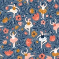 Seamless pattern with hand drawn ballerinas and decorative flowers. Cute dancing girls on the blue floral background. Vector fash Royalty Free Stock Photo