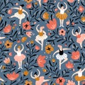 Seamless pattern with hand drawn ballerinas and decorative flowers. Cute dancing girls on the blue floral background. Vector fash Royalty Free Stock Photo