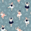 Seamless pattern with hand drawn  ballerinas and leaves. Cute dancing girls on the blue natural background. Vector fashion repeate Royalty Free Stock Photo