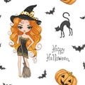 Seamless pattern with hand drawn beautiful cute Halloween girl witch with pumpkin, cat and broom. Royalty Free Stock Photo