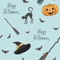 Seamless pattern with hand drawn beautiful cute Halloween girl witch with pumpkin, cat and broom.