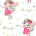 Hand drawn beautiful cute little fairy girl with a Magic wand. Royalty Free Stock Photo