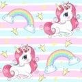 Seamless pattern with hand drawn beautiful cute little princess girls unicorns.