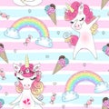 Seamless pattern with hand drawn beautiful cute little princess girls unicorns. Royalty Free Stock Photo