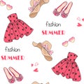 Seamless pattern with hand drawn beautiful cute summer girls dress, shoes and clothes.