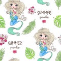 Seamless pattern with hand drawn beautiful cute summer girls mermaid.