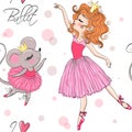 Hand drawn beautiful, lovely, little mouse ballerina girl with crown on her head. Royalty Free Stock Photo