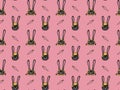 Seamless pattern of hand-drawn black faces of girls bunny with ears, hairstyles and cheeks and carrots on a bright pink background