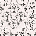 Seamless pattern of hand drawn black ribbon bows and round frames on light background,Vector Royalty Free Stock Photo