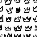 Seamless pattern with hand drawn black and white crown. Paint objects background for your design. Vector art drawing. Brush