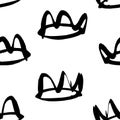 Seamless pattern with hand drawn black and white crown. Paint objects background for your design. Vector art drawing. Brush