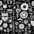 Seamless pattern hand drawn black and white scribbles star, heart, crown, flower Royalty Free Stock Photo