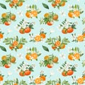 Seamless pattern with hand drawn blooming mandarin tree branches