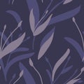 Seamless pattern with hand-drawn blue and beige plants on blue background. Elegant linen, bedclothing, print, packaging, wallpaper