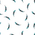 Seamless pattern of hand drawn blue feathers. Isolated on a white background Royalty Free Stock Photo