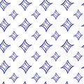 Seamless pattern with hand drawn blue geometric diamond shapes and stars on white background. Minimalist abstract vector Royalty Free Stock Photo