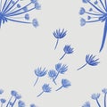 Seamless pattern with hand-drawn blue with gradient dandelions on gray background. packaging, wallpaper, textile, kitchen, utensil