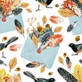 Seamless pattern with hand-drawn blue paper envelope, autumn oak leaves, berries, spotted feathers