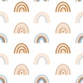 Seamless pattern of hand drawn boho rainbow in pastel blue and neutral beige colors