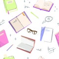 Seamless pattern of hand drawn books, glasses, pens, and writing elements on white background. Vector illustration Royalty Free Stock Photo