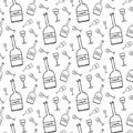 Seamless pattern hand drawn bottle and glass. Doodle black sketch. Sign symbol. Decoration element. Isolated on white background. Royalty Free Stock Photo