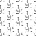Seamless pattern hand drawn bottle and glass. Doodle black sketch. Sign symbol. Decoration element. Isolated on white background. Royalty Free Stock Photo