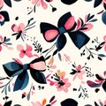 Seamless pattern with hand drawn bows and flowers. Vector illustration. Generative AI