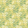 Seamless pattern with hand drawn branch leaf ornament. Green and light foliage on yellow pale background Royalty Free Stock Photo