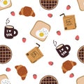 seamless pattern with hand drawn breakfast time with waffle,croissant, milk, bread and egg.