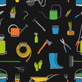 Seamless pattern with hand drawn bright gardening tools, agricultural equipment and potted plants on black background