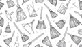 A seamless pattern of hand-drawn brooms and dustpans, varying in Royalty Free Stock Photo