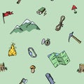 Seamless pattern hand drawn camping adventure set . Doodle elements. Royalty Free Stock Photo