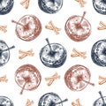 Seamless pattern of hand-drawn Caramel apples sketch and cinnamon stick. Traditional Christmas, Halloween dessert.