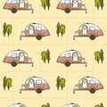 Seamless pattern of Hand-drawn caravan trailer and trees