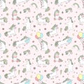 Seamless pattern of hand-drawn cartoon magical unicorns with diamonds, hearts, balloons, flowers, stars, crowns. Vector image for Royalty Free Stock Photo