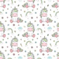 Seamless pattern of hand-drawn cartoon unicorns with rainbow, clouds, diamonds, hearts. Vector background image for holiday, baby