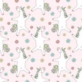 Seamless pattern of hand-drawn cartoony smiling unicorns with flowers. Vector background image for holiday, baby shower, prints, w