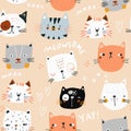 Seamless pattern with hand drawn cat faces. Creative cats texture. Vector illustration