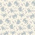 Seamless floral pattern, cute kids print with cute hand drawn cats, kittens. Vector. Royalty Free Stock Photo