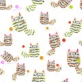 Seamless pattern with hand drawn cats playing with clews on white background.