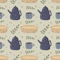 Seamless pattern with hand drawn ceramic teapots and mugs.