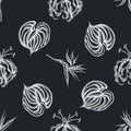 Seamless pattern with hand drawn chalk gloriosa, anthurium, strelitzia