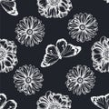 Seamless pattern with hand drawn chalk poppy flower, calendula, plain tiger Royalty Free Stock Photo
